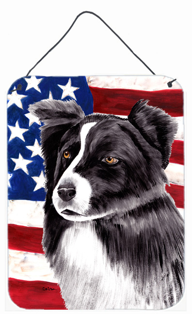 SC9009DS1216 12 x 16 in. Usa American Flag With Border Collie Aluminium Metal Wall Or Door Hanging Prints