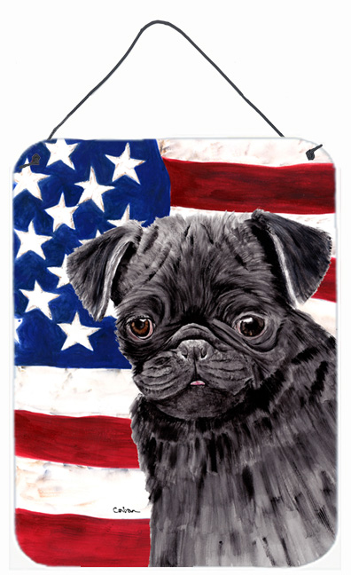 SC9011DS1216 12 x 16 in. Usa American Flag With Pug Aluminium Metal Wall Or Door Hanging Prints