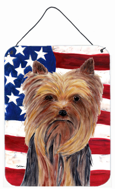 SC9013DS1216 12 x 16 in. Usa American Flag With Yorkie Aluminium Metal Wall Or Door Hanging Prints