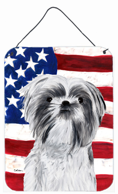 SC9015DS1216 12 x 16 in. Usa American Flag With Shih Tzu Aluminium Metal Wall Or Door Hanging Prints