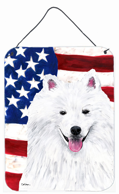 SC9023DS1216 USA American Flag with American Eskimo Aluminium Metal Wall Or Door Hanging Prints