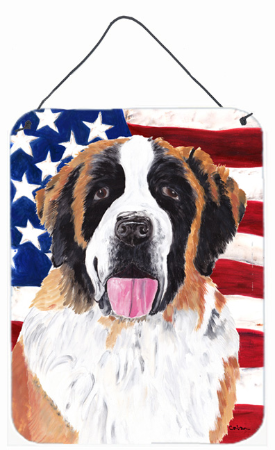 SC9027DS1216 USA American Flag with Saint Bernard Aluminium Metal Wall Or Door Hanging Prints