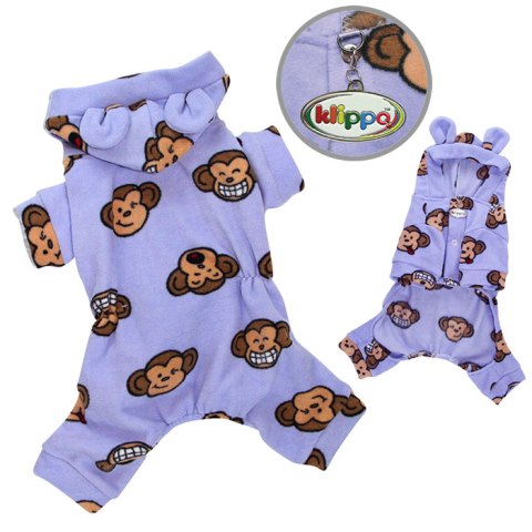 Picture of Klippo Pet KBD024XS Adorable Silly Monkey Fleece Dog Pajamas & Bodysuit With Hood- Lavender - Extra Small