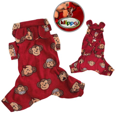 Picture of Klippo Pet KBD034XS Adorable Silly Monkey Fleece Dog Pajamas & Bodysuit With Hood- Burgundy - Extra Small