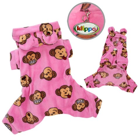 Picture of Klippo Pet KBD036XS Adorable Silly Monkey Fleece Dog Pajamas & Bodysuit With Hood&#44; Pink - Extra Small