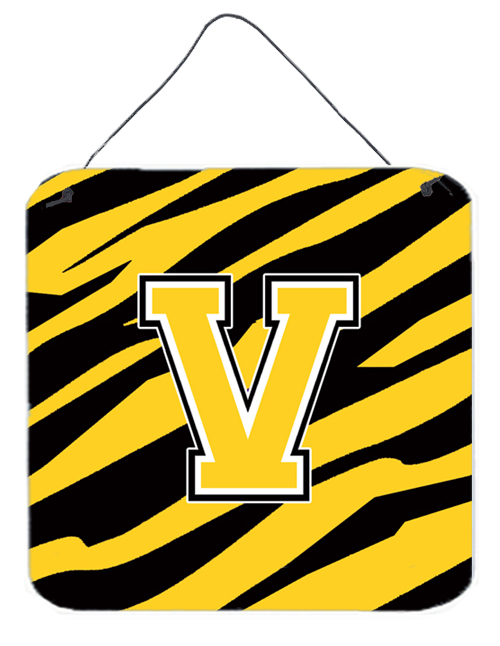 CJ1026-VDS66 6 x 6 in. Letter V Initial Tiger Stripe - Black Gold Aluminium Metal Wall or Door Hanging Prints