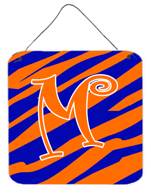 CJ1036-MDS66 6 x 6 in. Letter M Initial Tiger Stripe Blue and Orange Aluminium Metal Wall or Door Hanging Prints