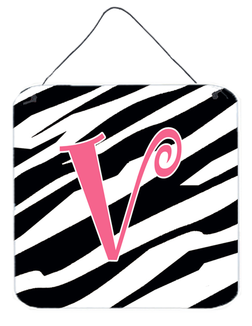 CJ1037-VDS66 6 x 6 in. Letter V Initial Zebra Stripe and Pink Aluminium Metal Wall or Door Hanging Prints