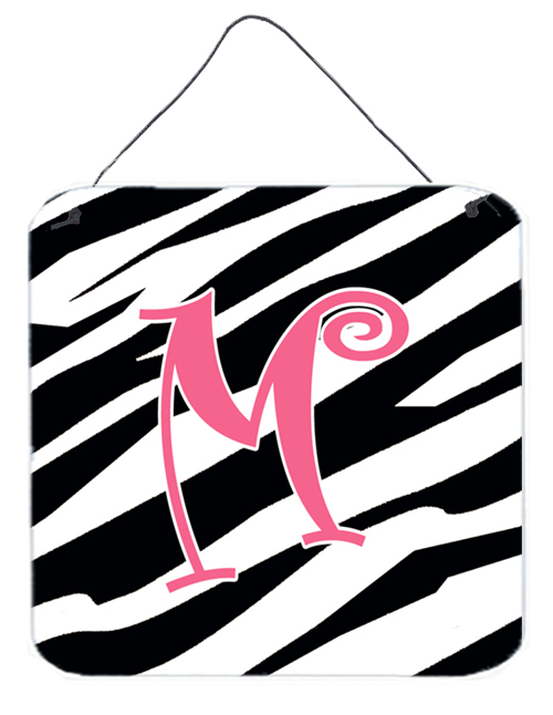 CJ1037-MDS66 6 x 6 in. Letter M Initial Zebra Stripe and Pink Aluminium Metal Wall or Door Hanging Prints