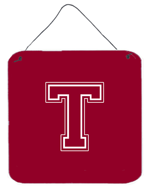 CJ1032-TDS66 6 x 6 in. Letter T Initial Monogram - Maroon and White Aluminium Metal Wall or Door Hanging Prints