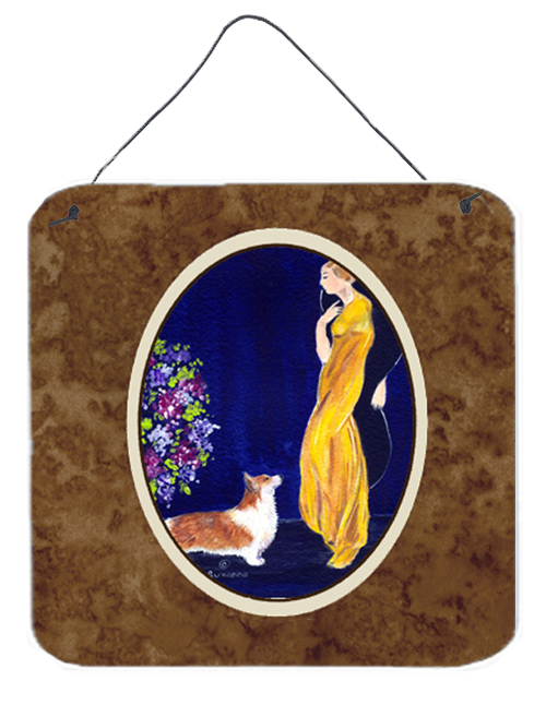 6 x 6 in. Lady with her Corgi Aluminium Metal Wall or Door Hanging Prints
