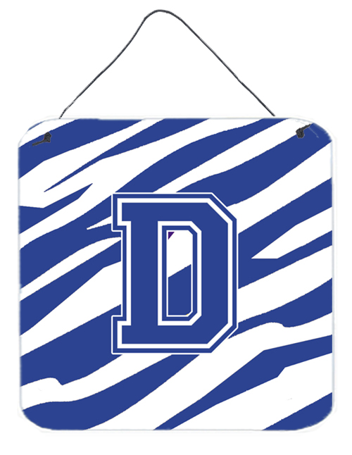 6 x 6 in. Letter D Initial Tiger Stripe Blue and White Aluminium Metal Wall or Door Hanging Prints