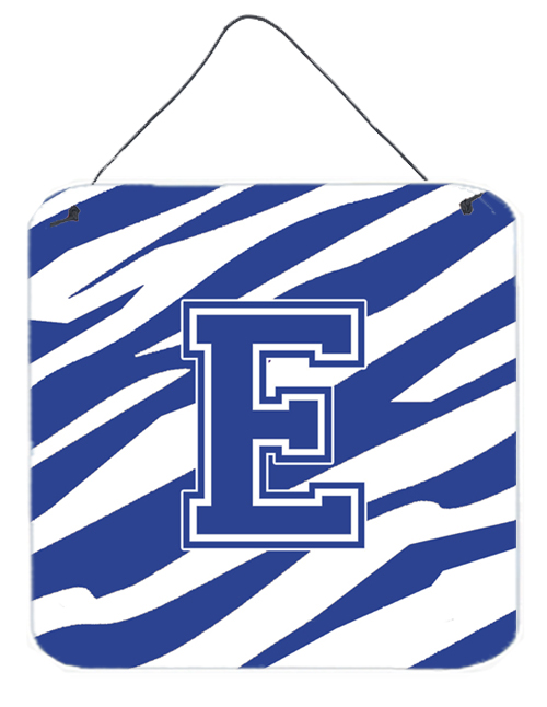 CJ1034-EDS66 6 x 6 in. Letter E Initial Tiger Stripe Blue and White Aluminium Metal Wall or Door Hanging Prints