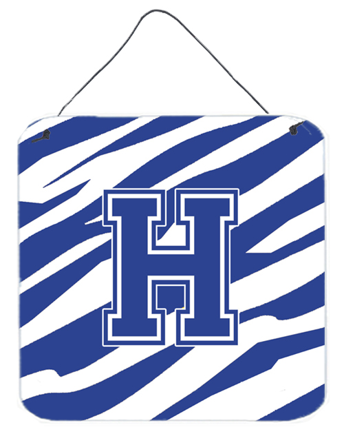 CJ1034-HDS66 6 x 6 in. Letter H Initial Tiger Stripe Blue and White Aluminium Metal Wall or Door Hanging Prints