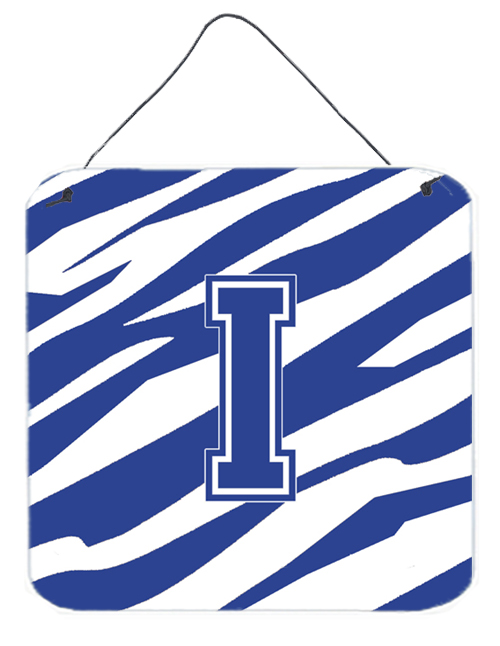 CJ1034-IDS66 6 x 6 in. Letter I Initial Tiger Stripe Blue and White Aluminium Metal Wall or Door Hanging Prints