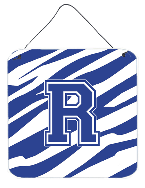 CJ1034-RDS66 6 x 6 in. Letter R Initial Tiger Stripe Blue and White Aluminium Metal Wall or Door Hanging Prints