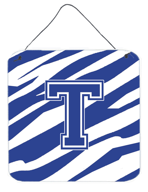 CJ1034-TDS66 6 x 6 in. Letter T Initial Tiger Stripe Blue and White Aluminium Metal Wall or Door Hanging Prints