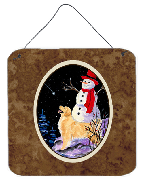 6 x 6 in. Golden Retriever with Snowman in red Hat Aluminium Metal Wall or Door Hanging Prints