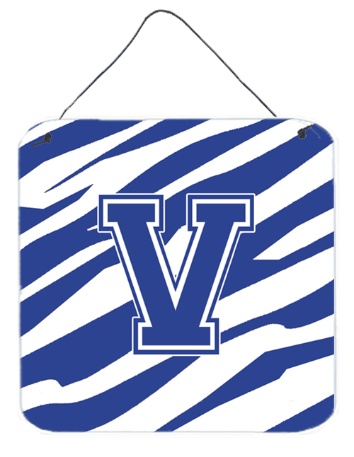CJ1034-VDS66 6 x 6 in. Letter V Initial Tiger Stripe Blue and White Aluminium Metal Wall or Door Hanging Prints