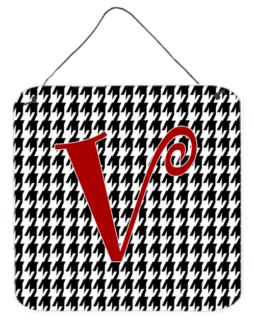 CJ1035-VDS66 Letter V Initial Monogram - Houndstooth Black Aluminium Metal Wall Or Door Hanging Prints