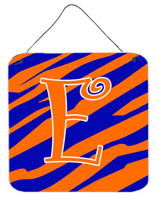 CJ1036-EDS66 Letter E Initial Tiger Stripe Blue And Orange Aluminium Metal Wall Or Door Hanging Prints