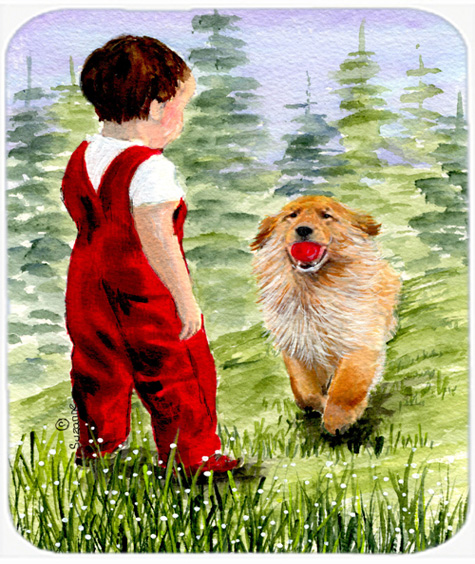 Little Boy With His Golden Retriever Mouse Pad, Hot Pad or Trivet