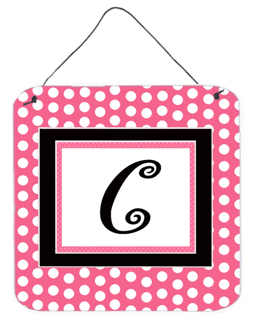 CJ1001-CDS66 Letter C Initial - Pink Black Polka Dots Aluminium Metal Wall Or Door Hanging Prints