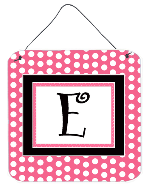 CJ1001-EDS66 Letter E Initial - Pink Black Polka Dots Aluminium Metal Wall Or Door Hanging Prints