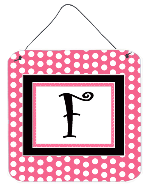 CJ1001-FDS66 Letter F Initial - Pink Black Polka Dots Aluminium Metal Wall Or Door Hanging Prints