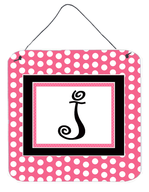 CJ1001-JDS66 Letter J Initial - Pink Black Polka Dots Aluminium Metal Wall Or Door Hanging Prints