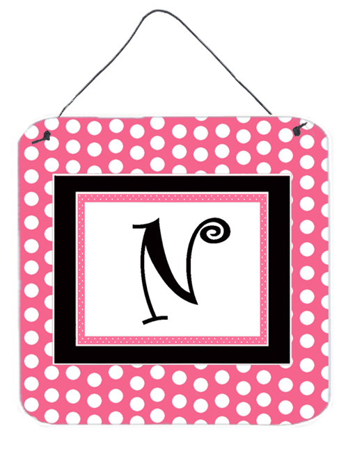 CJ1001-NDS66 Letter N Initial - Pink Black Polka Dots Aluminium Metal Wall Or Door Hanging Prints