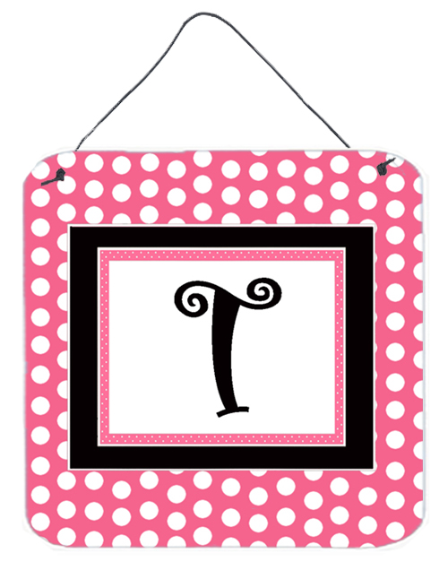 CJ1001-TDS66 Letter T Initial - Pink Black Polka Dots Aluminium Metal Wall Or Door Hanging Prints