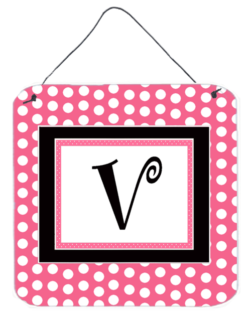 CJ1001-VDS66 Letter V Initial - Pink Black Polka Dots Aluminium Metal Wall Or Door Hanging Prints