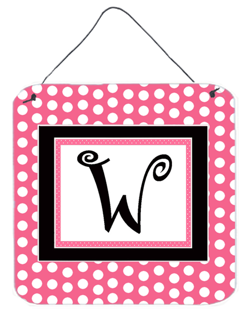 CJ1001-WDS66 Letter W Initial - Pink Black Polka Dots Aluminium Metal Wall Or Door Hanging Prints