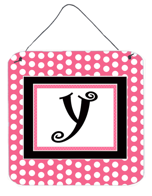 CJ1001-YDS66 Letter Y Initial - Pink Black Polka Dots Aluminium Metal Wall Or Door Hanging Prints