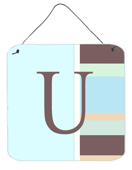 Letter U Initial Monogram - Blue Stripes Aluminium Metal Wall Or Door Hanging Prints