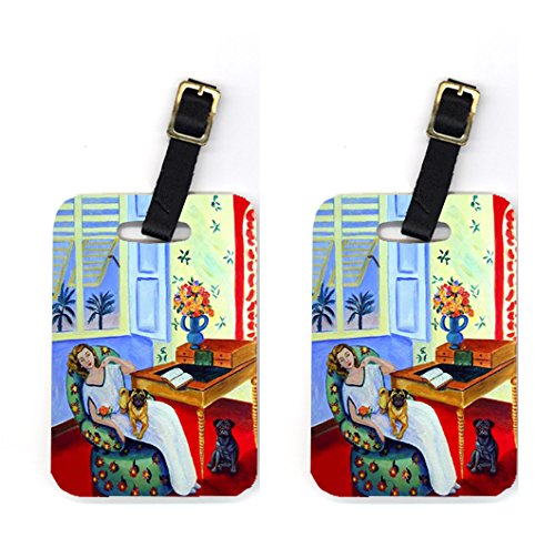 Pair of 2 Lady with her Pug Luggage Tags