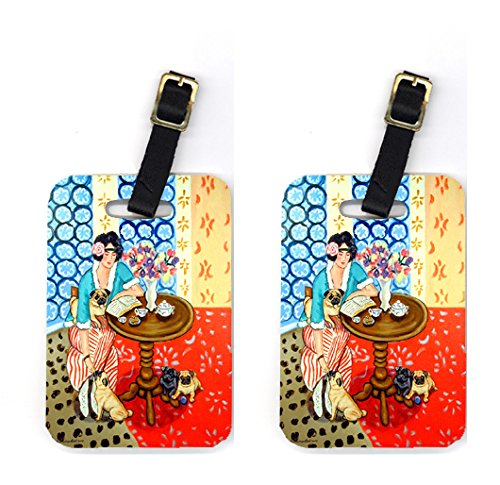 Pair of 2 Lady with her Pug Luggage Tags