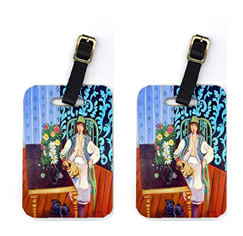 Pair of 2 Lady with her Pug Luggage Tags
