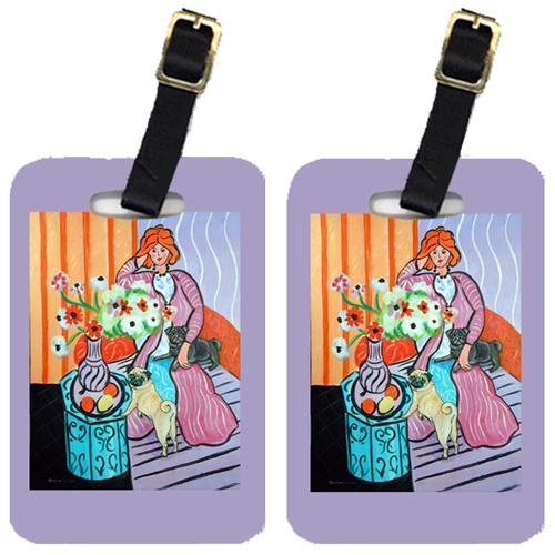 Pair of 2 Lady with her Pug Luggage Tags