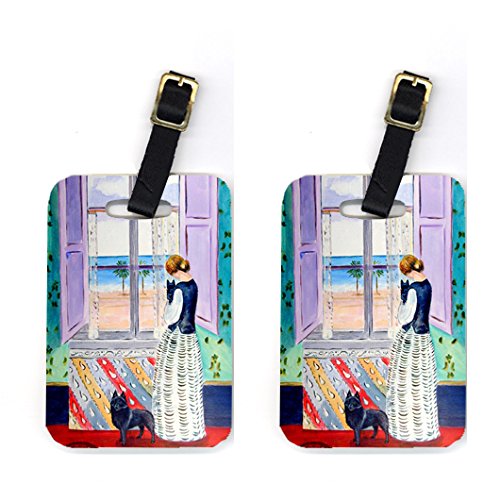 Pair of 2 Lady with her Schipperke Luggage Tags