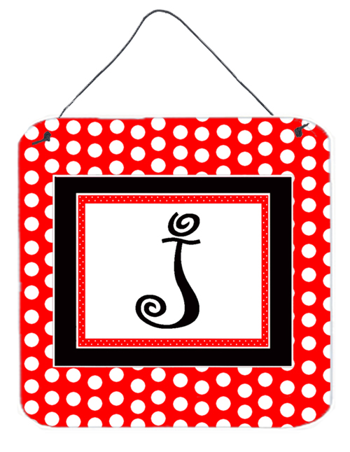 CJ1012-JDS66 Letter J Initial - Red Black Polka Dots Aluminium Metal Wall or Door Hanging Prints