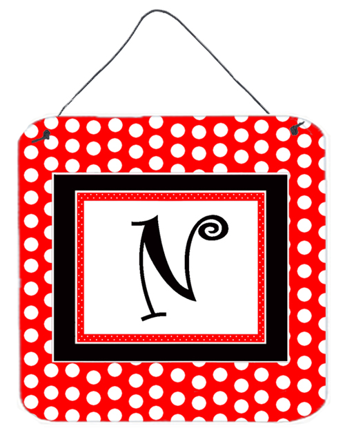 CJ1012-NDS66 Letter N Initial - Red Black Polka Dots Aluminium Metal Wall or Door Hanging Prints