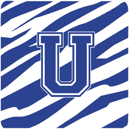 CJ1034-UFC Set of 4 Monogram - Tiger Stripe Blue and White Foam Coasters Initial Letter U