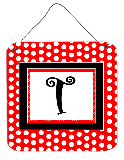 CJ1012-TDS66 Letter T Initial - Red Black Polka Dots Aluminium Metal Wall or Door Hanging Prints