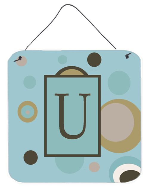 CJ1013-UDS66 6 x 6 in. Letter U Initial Monogram - Blue Dots Aluminium Metal Wall or Door Hanging Prints