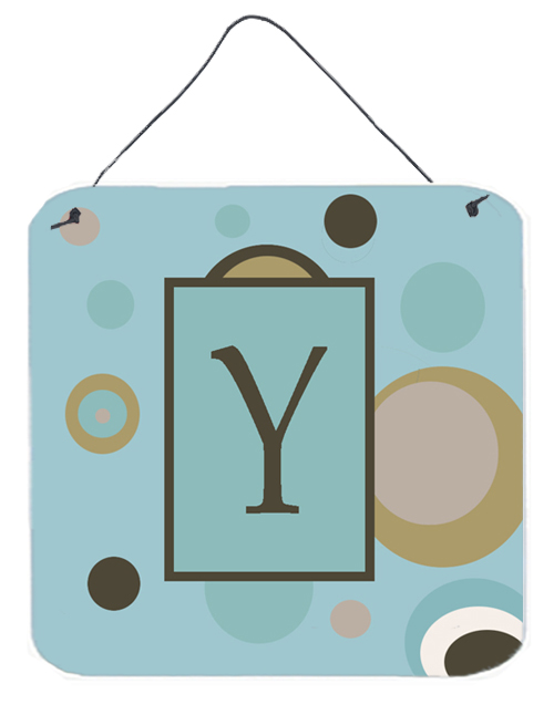 6 x 6 in. Letter Y Initial Monogram - Blue Dots Aluminium Metal Wall or Door Hanging Prints