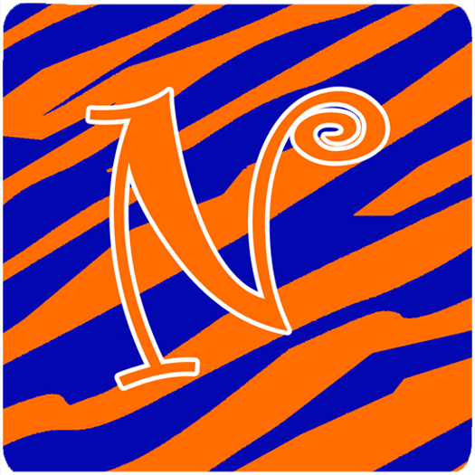 CJ1036-NFC 3.5 x 3.5 in. Monogram Tiger Stripe Blue and Orange Foam Coasters Initial Letter N- Set of 4