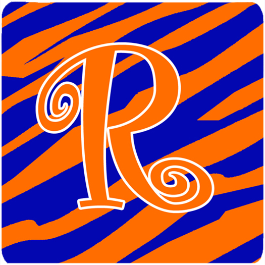 Monogram - Tiger Stripe Blue And Orange Foam Coasters - Set 4, Initial Letter R