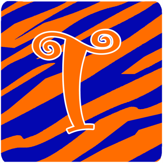 Monogram - Tiger Stripe Blue And Orange Foam Coasters - Set 4, Initial Letter T
